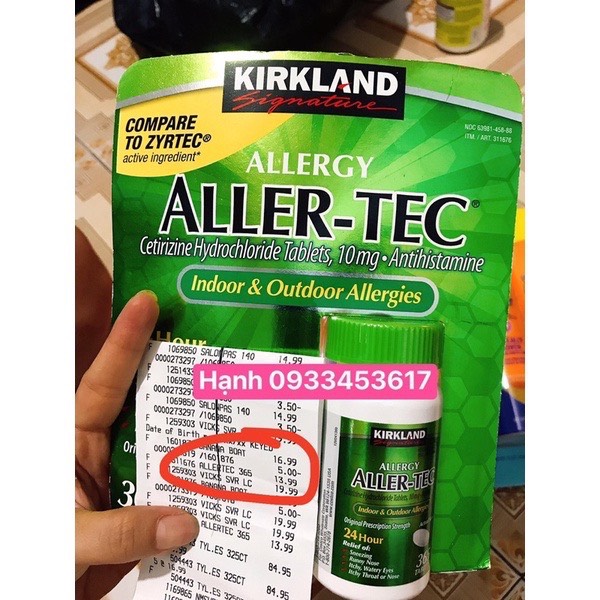 VIÊN UỐNG CHỐNG DỊ ỨNG MŨI KIRKLAND SIGNATURE ALLER-TEC,10MG 365 VIÊN